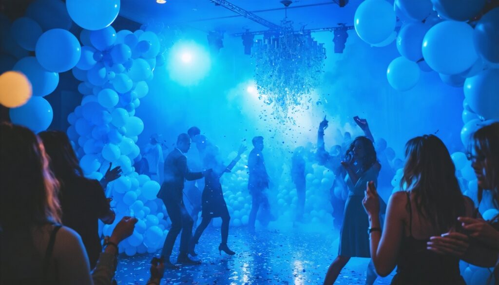Binnenlocatie van een evenement met ballondecoraties, confetti en lichteffecten