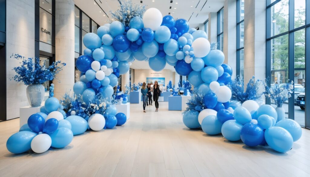 Ruime Nederlandse showroom met verschillende ballondecoraties in blauwtinten en feestartikelen