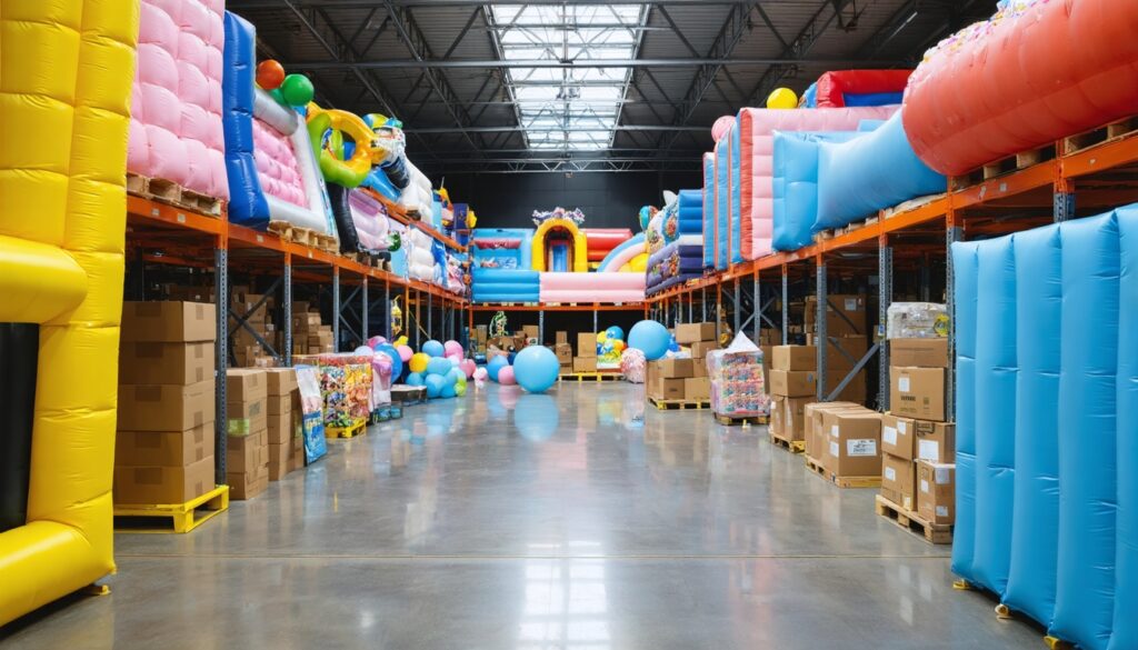 Nederlandse loods met opblaasattracties, machines voor special effects en dozen met ballonnen