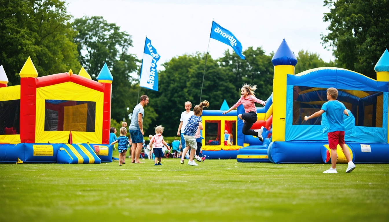 Kinderen spelen op kleurrijke springkussens tijdens een buitenfeest in Nederland