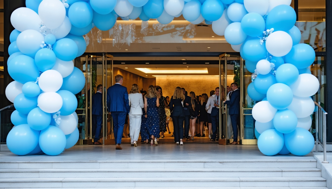 Entree van een Nederlands bedrijfsevenement met blauwe ballonnenboog en zuilen