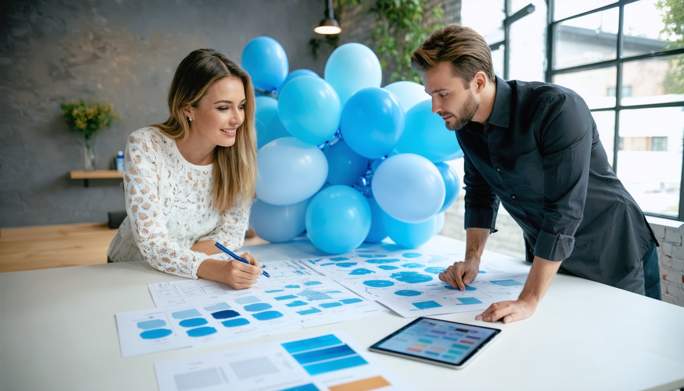 Adviseur en klant bespreken feestdecoratie met moodboards en kleurstalen op tafel