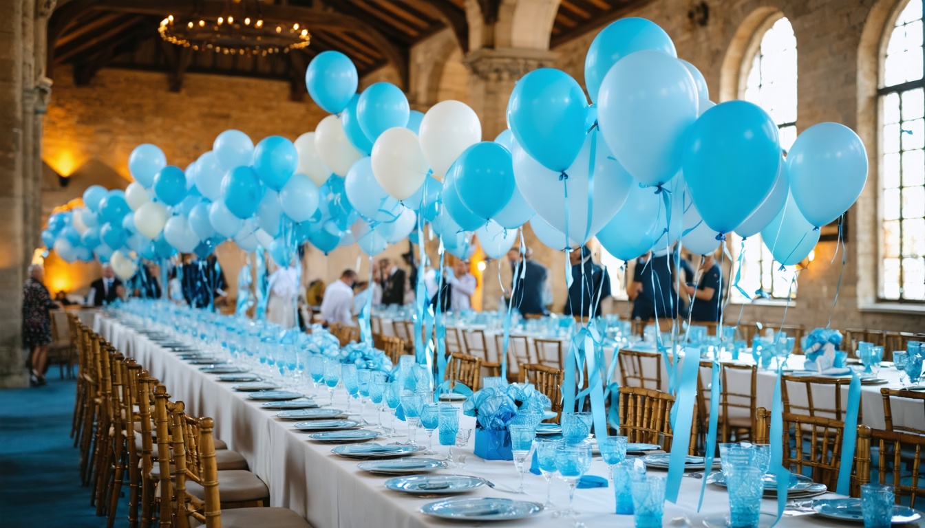 Rij tafels met zwevende heliumballonnen in blauwtinten in een feestzaal