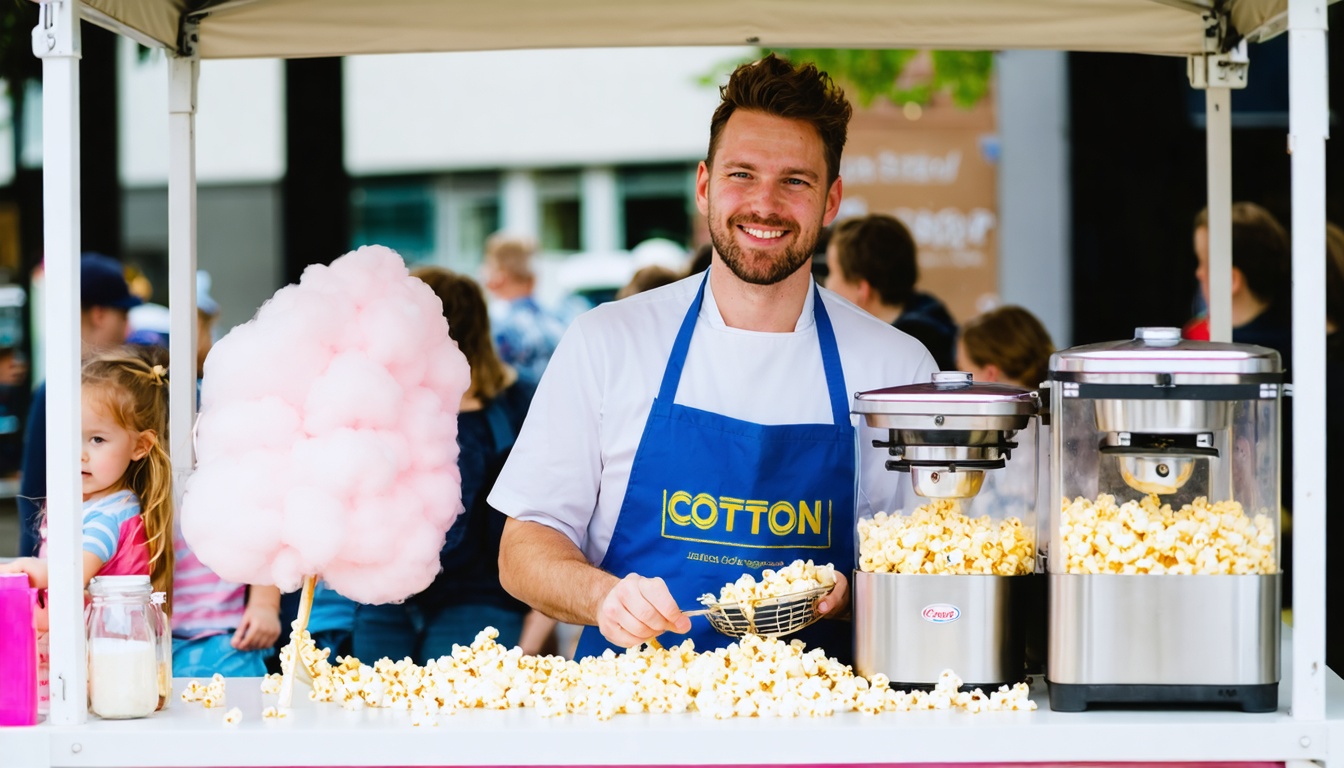 Medewerker achter kraam met suikerspinmachine en popcornmachine op Nederlands evenement